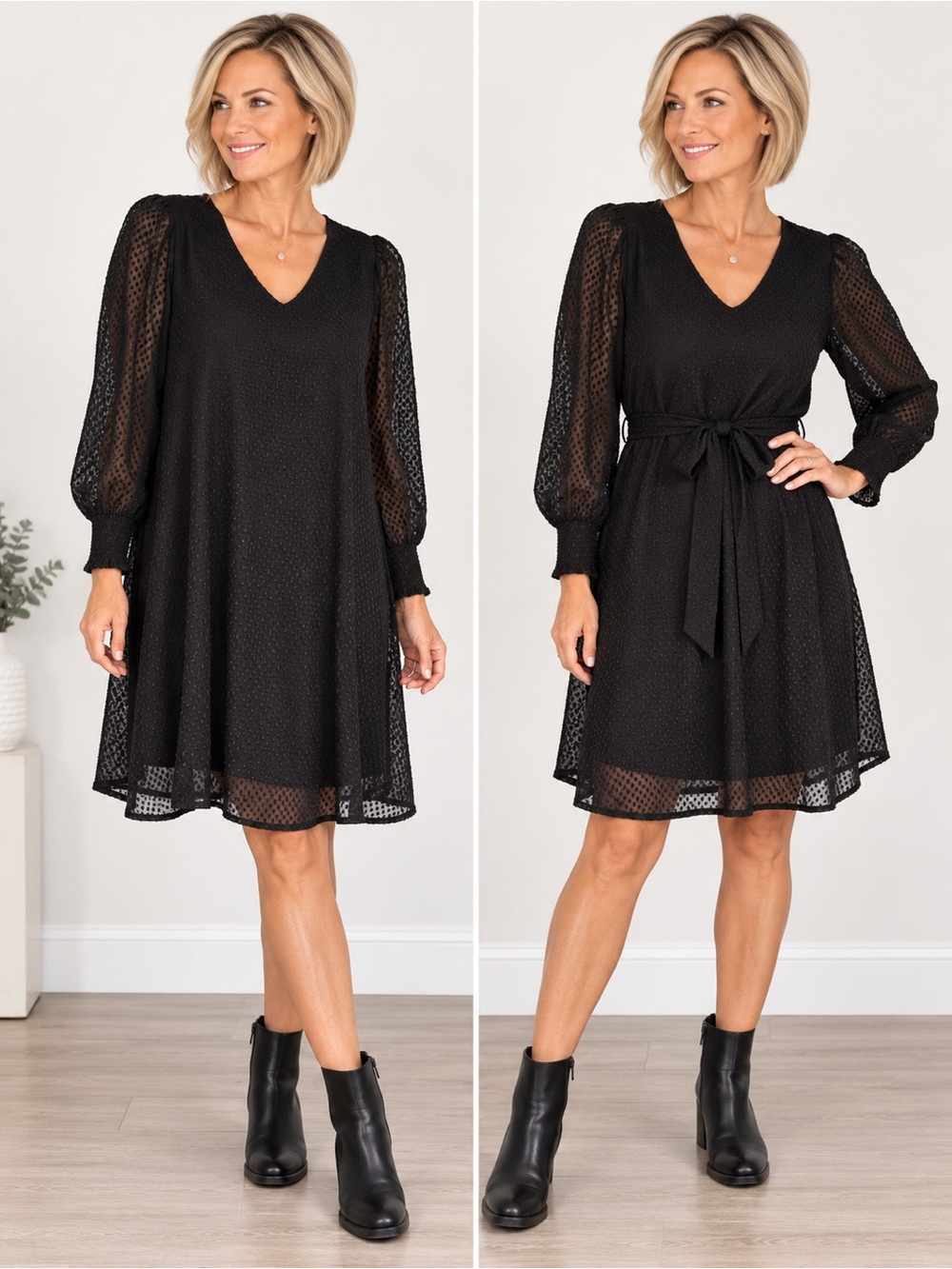 ICHI Black Sheer Puff Sleeve Tie Waist Dress size 6